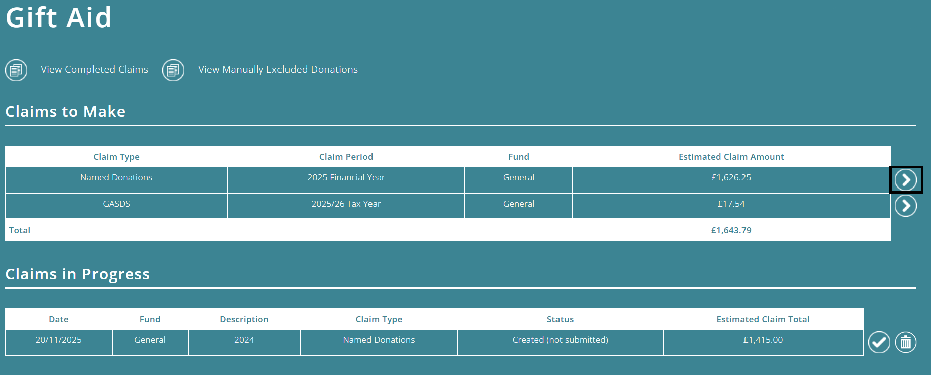 ExpensePlus Gift Aid screen highlighting the button to create a Gift Aid claim