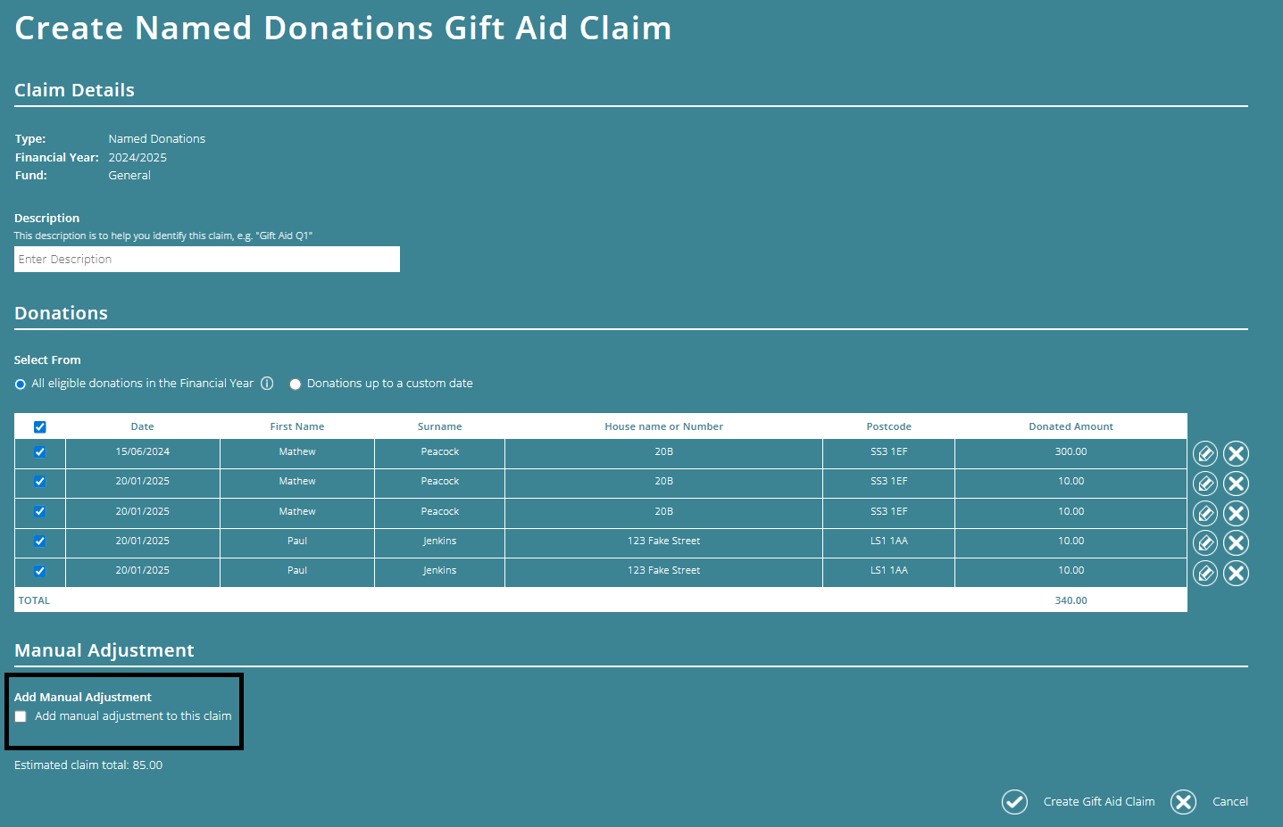 ExpensePlus Gift Aid claim screen highlighting the Add Manual Adjustment tickbox
