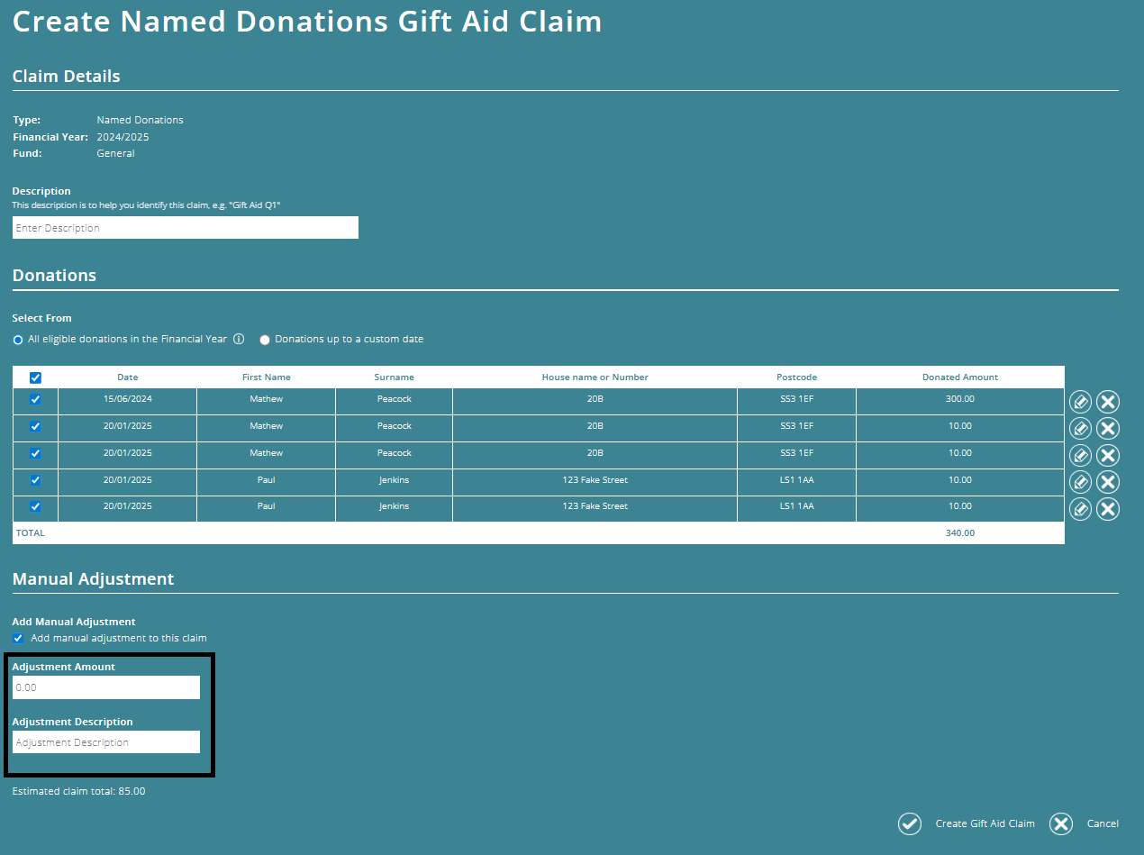 ExpensePlus Gift Aid claim screen highlighting the adjustment amount field and adjustment description field