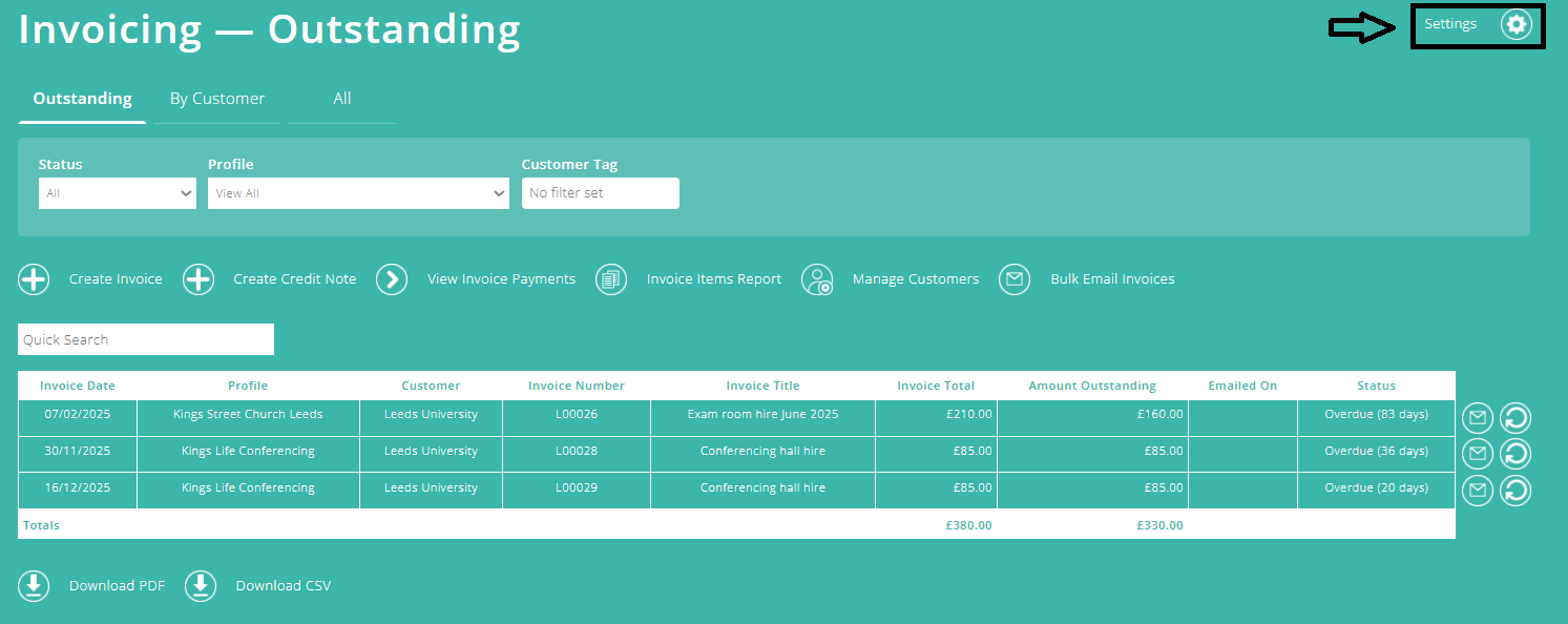 ExpensePlus screenshot of the Invoicing screen, highlighting the 'Settings' button