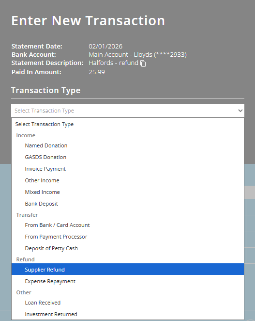 ExpensePlus screenshot of bank reconciliation popup