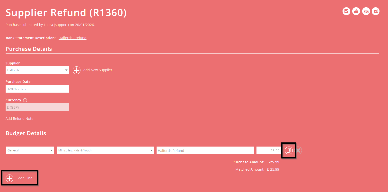 ExpensePlus screenshot of supplier refund transaction