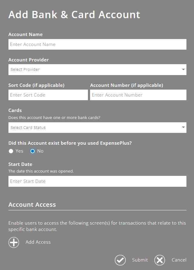 ExpensePlus Add Bank & Card Account screen