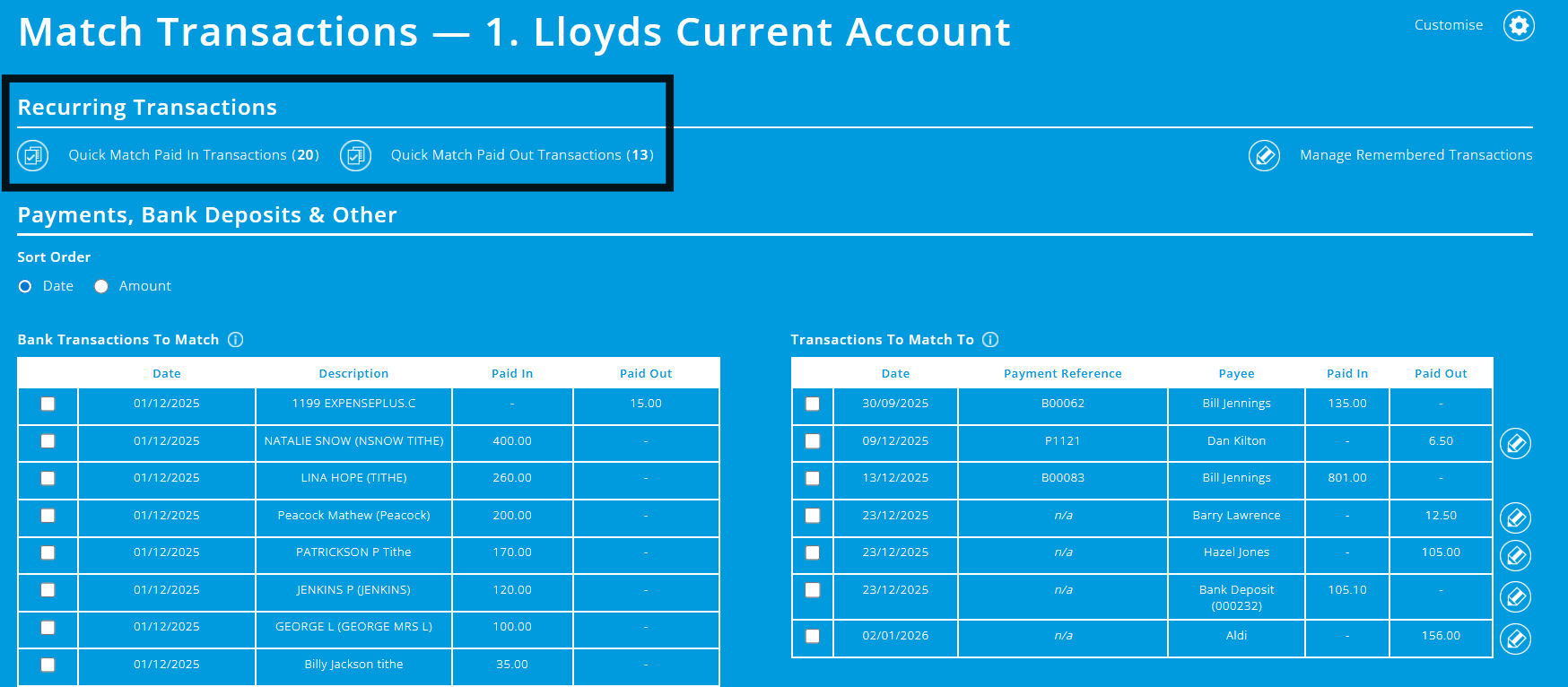 ExpensePlus Match Transactions screen highlighting the Recurring Transactions section and the quick match options