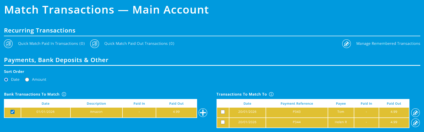 ExpensePlus Match Transactions screen showing a bank transaction with multiple possible matches, and so highlighted in amber