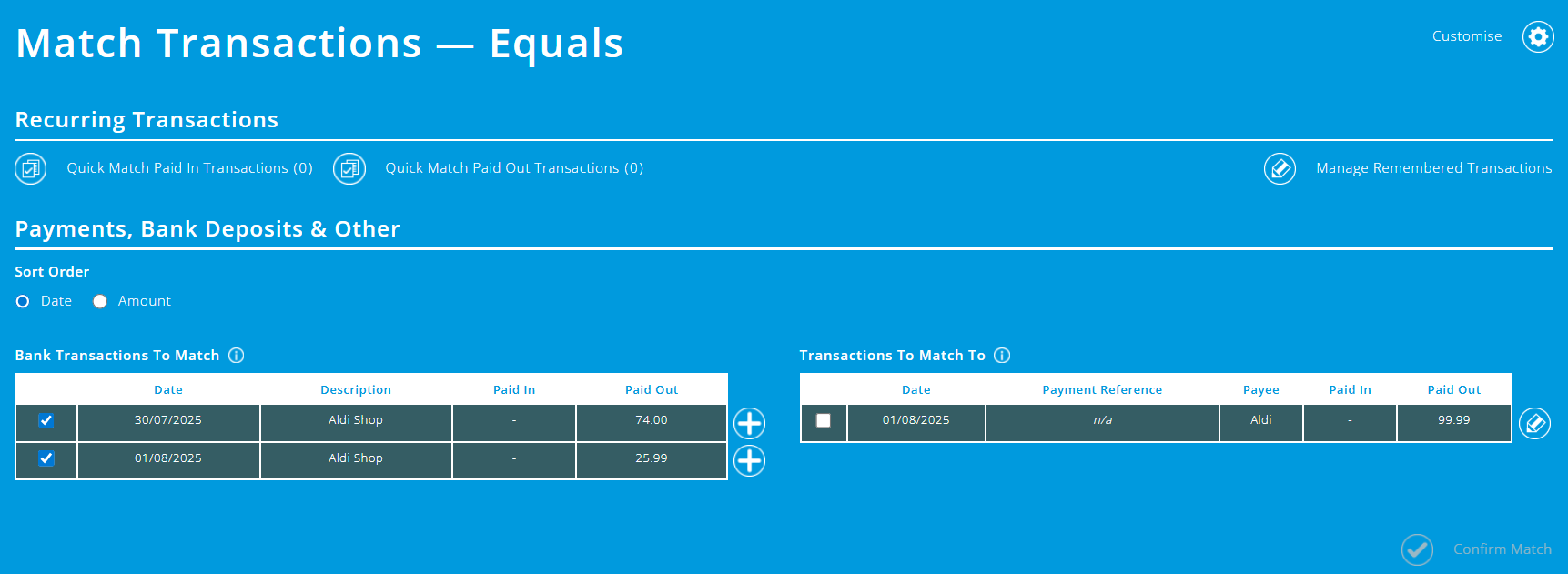ExpensePlus Match Transactions screen