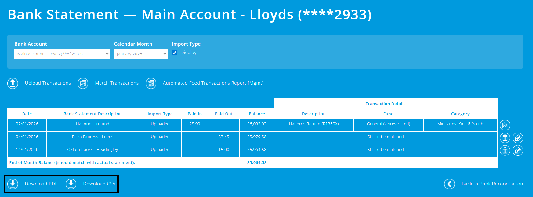 ExpensePlus Bank Statement screen highlighting the 2 download buttons in the bottom left
