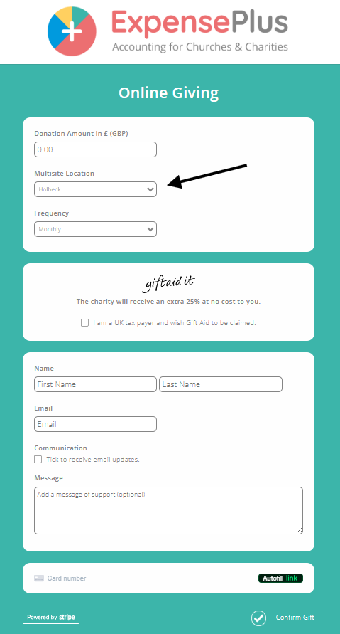 LoveGiving donation page highlighting the Multisite Location drop down menu