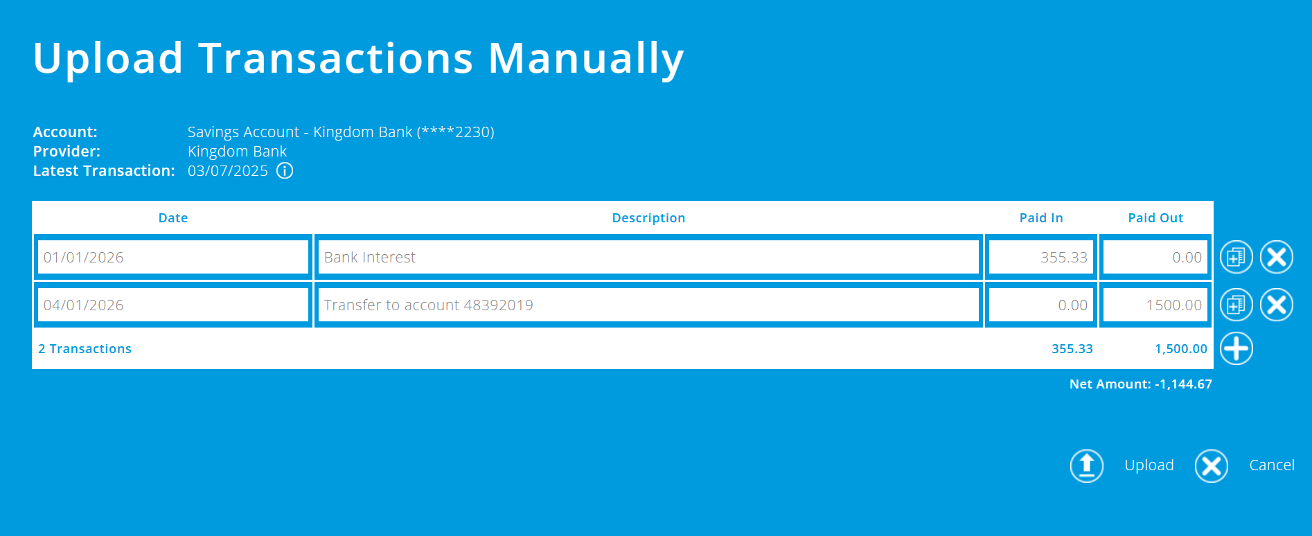 ExpensePlus upload transactions manually screen