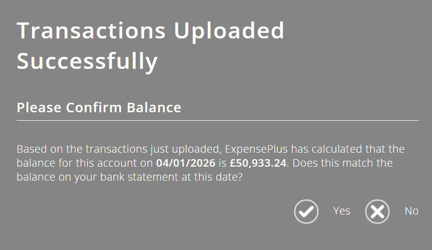 ExpensePlus bank balance confirmation popup