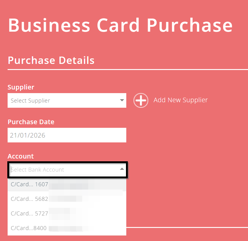 ExoensePlus business card purchase screen with account drop down menu