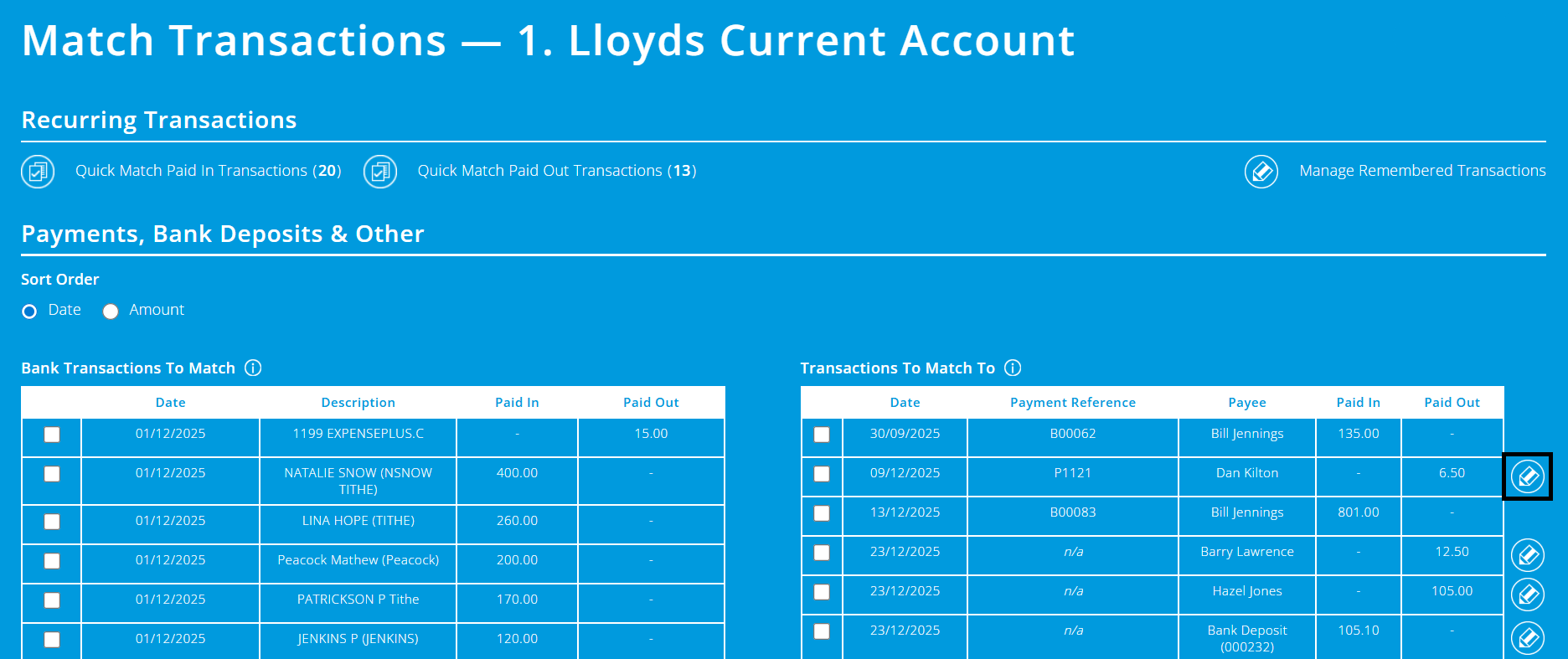 ExpensePlus Match Transactions screen highlighting the edit button to the right of a transaction to match to