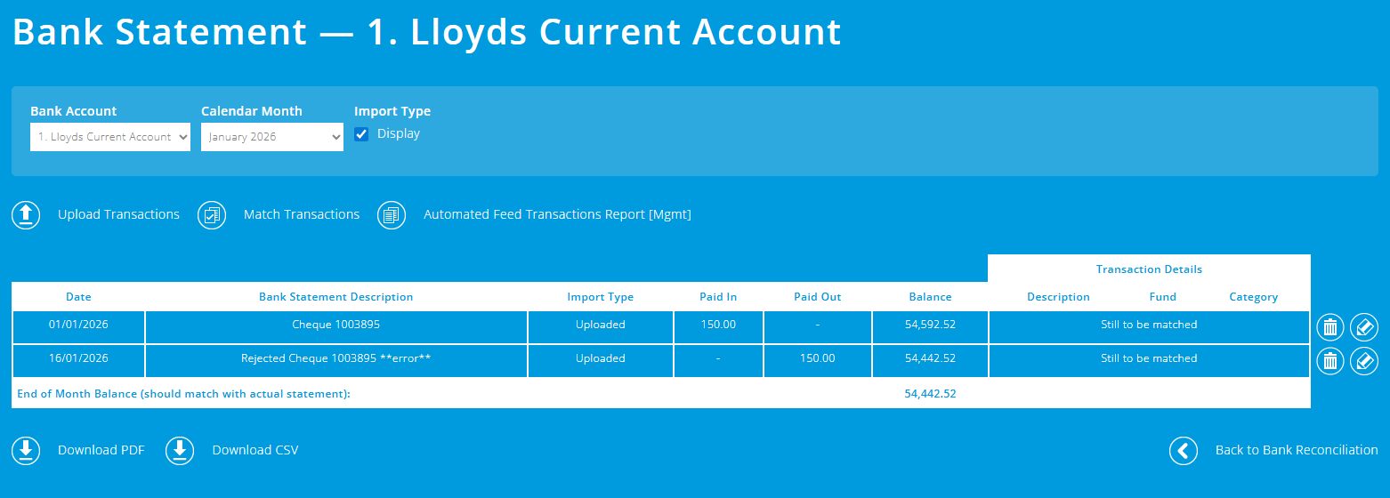 ExpensePlus Bank Statement screen showing a paid in transaction of a cheque deposit, and a paid out transaction of that cheque being rejected