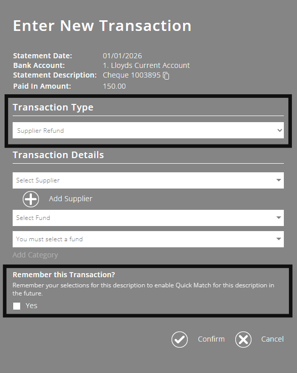 ExpensePlus Enter New Transaction screen highlighting the transaction type field and the remember this transaction tick box unticked
