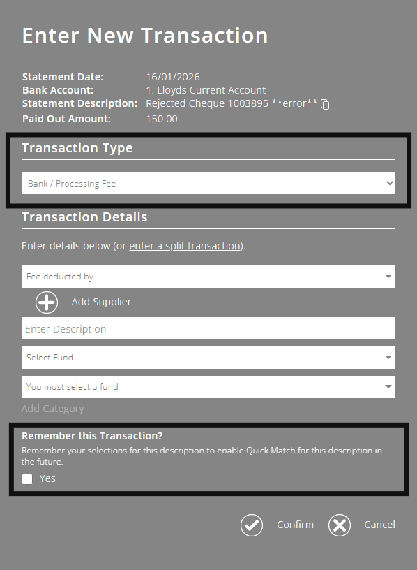 ExpensePlus Enter New Transaction screen highlighting the transaction type field and the remember this transaction tick box unticked