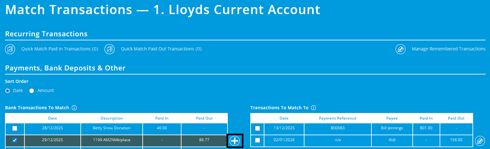 ExpensePlus Match Transactions screen highlighting the + icon next to a bank transaction