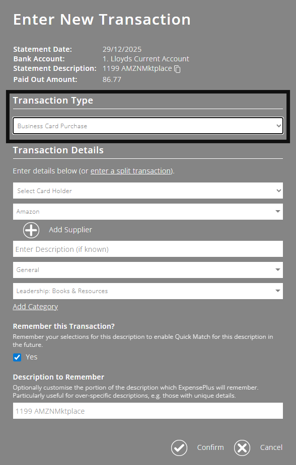 ExpensePlus Enter New Transaction pop up highlighting the Transaction Type field that has Business Card Purchase selected