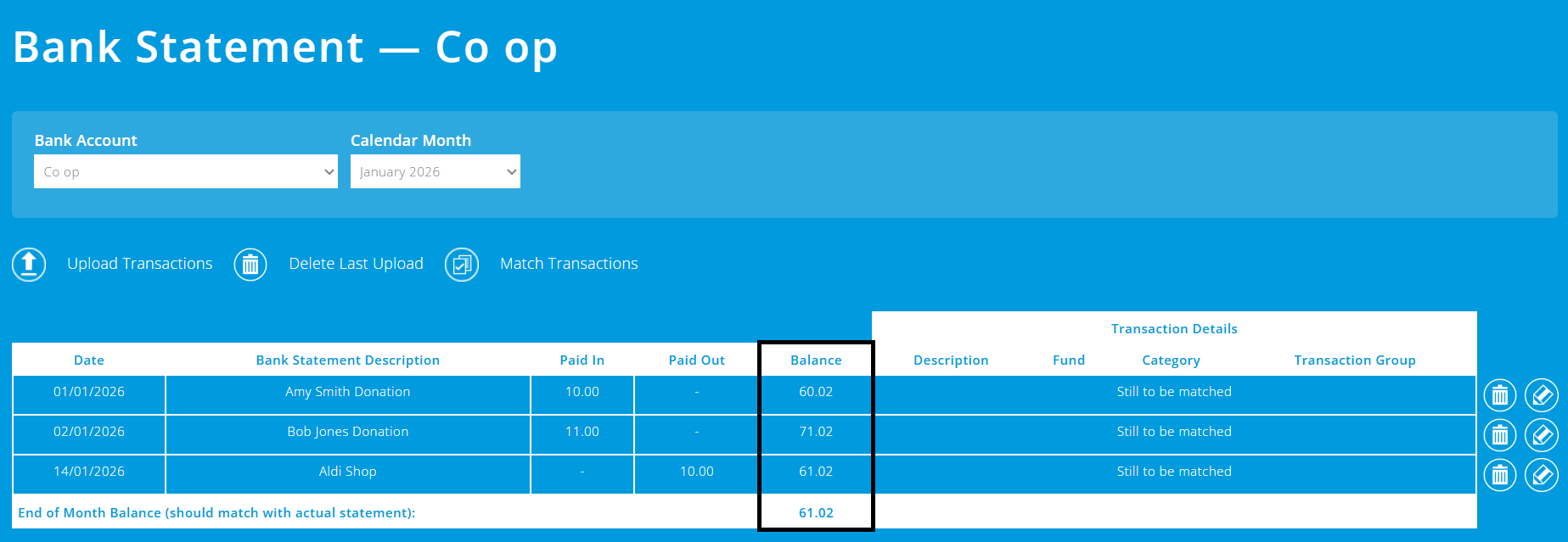 ExpensePlus bank statement screen highlighting the balance column