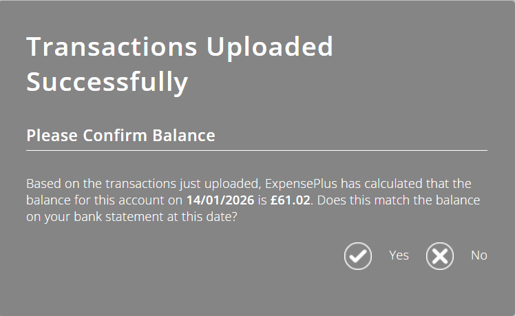 ExpensePlus Transactions Uploaded Successfully popup