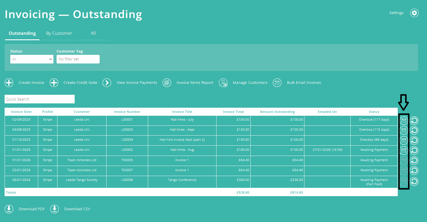 ExpensePlus screenshot of the Invoicing screen, highlighting customers with or without an email address