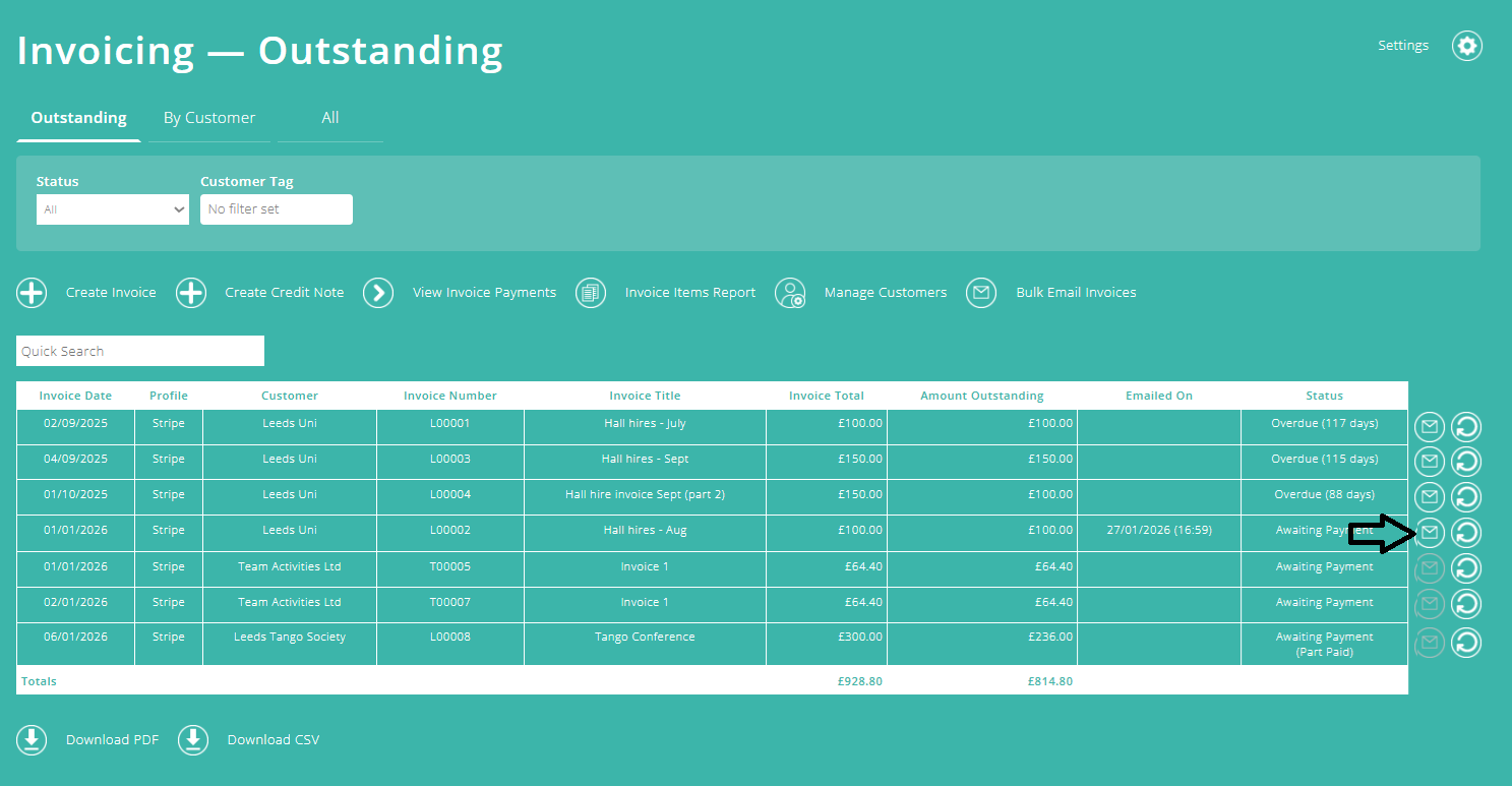 ExpensePlus screenshot of the Invoicing screen, highlighting the 'email invoice' button