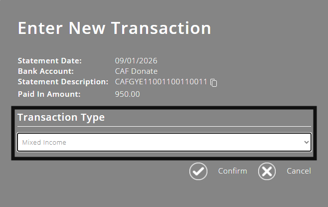 ExpensePlus enter new transaction popup highlighting the transaction type being selected as mixed income