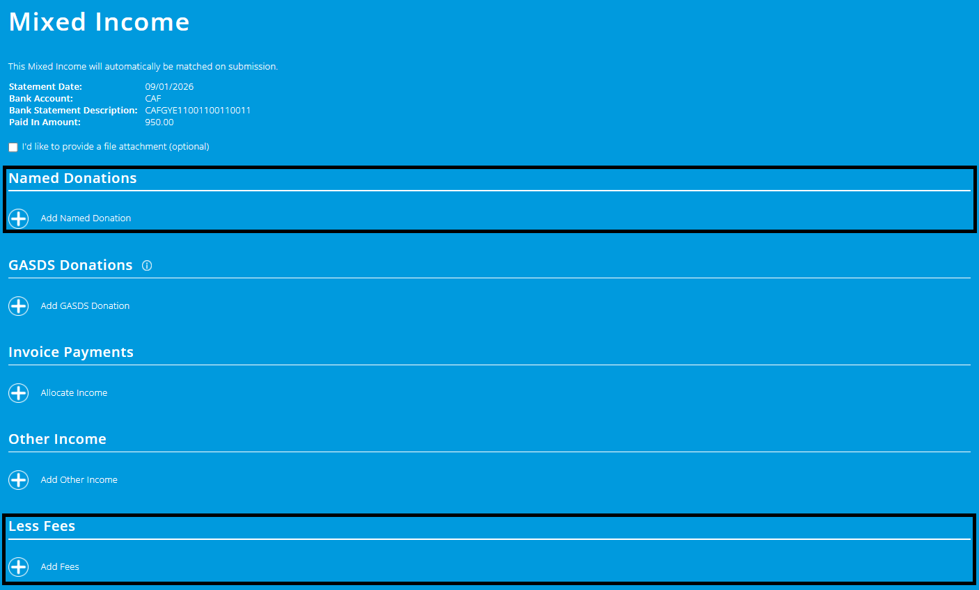 ExpensePlus Mixed Income screen highlighting the named donations and less fees sections