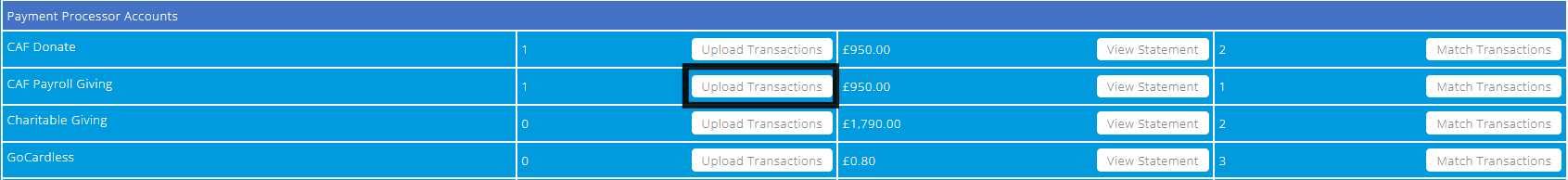 ExpensePlus Bank Reconciliation screen highlighting the Upload Transactions button