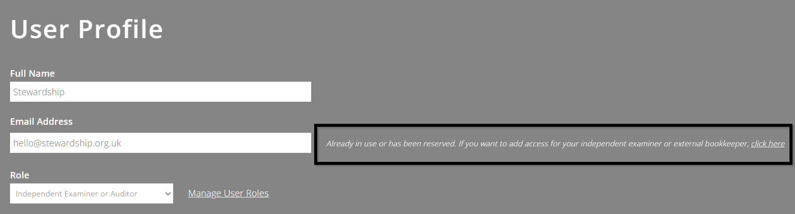 ExpensePlus screenshot of User Settings screen with warning message