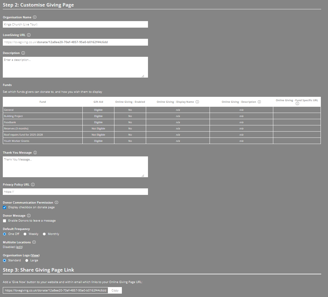 ExpensePlus LoveGiving Settings screen