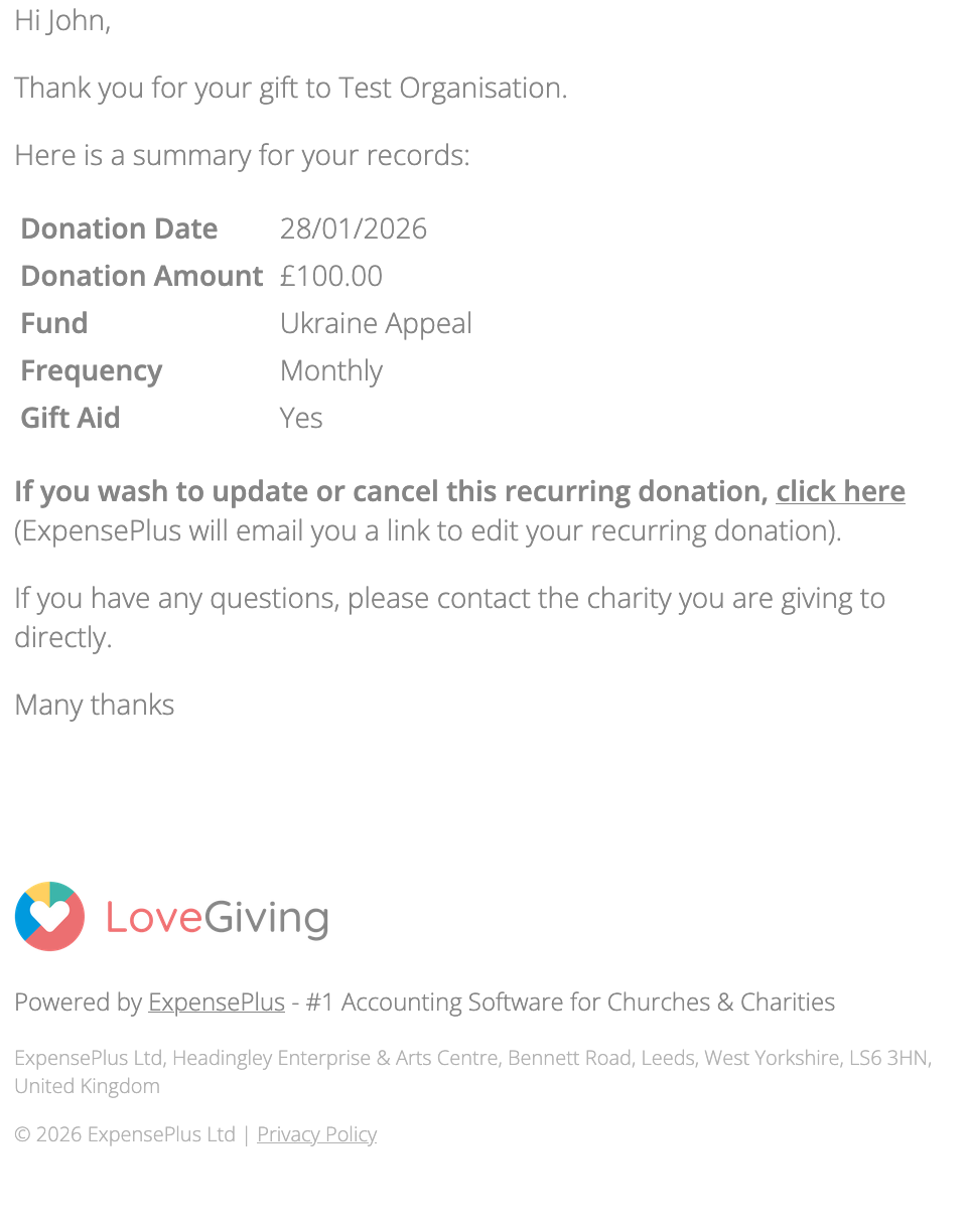 LoveGiving donation confirmation email