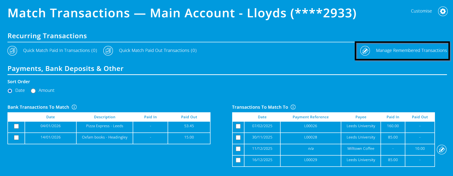 Match transactions screen with manage remembered transactions highlighted