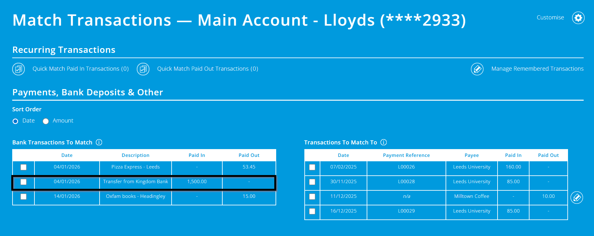 Bank reconciliation screen of main bank account with paid in transaction