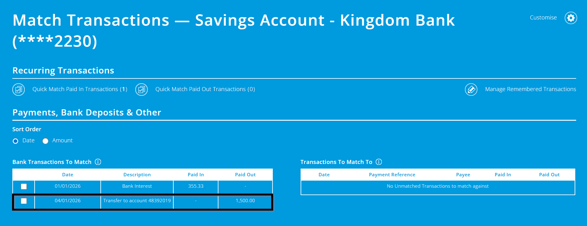 Bank reconciliation screen of Kingdom bank savings account with paid out transaction