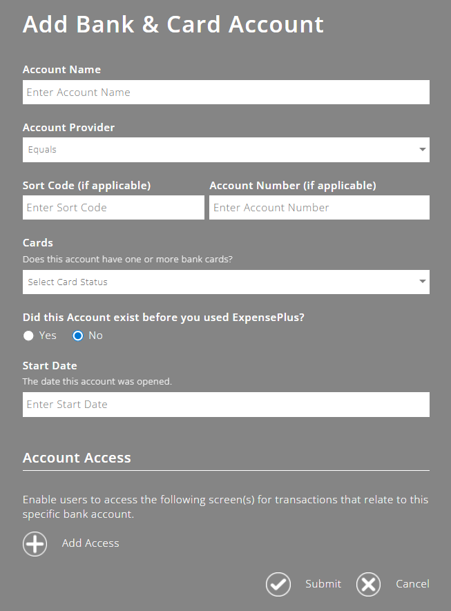 ExpensePlus add bank & card account screen