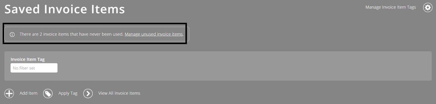 ExpensePlus screenshot of the 'Saved Invoice Items' screen, highlighting the 'Manage unused invoice items' link