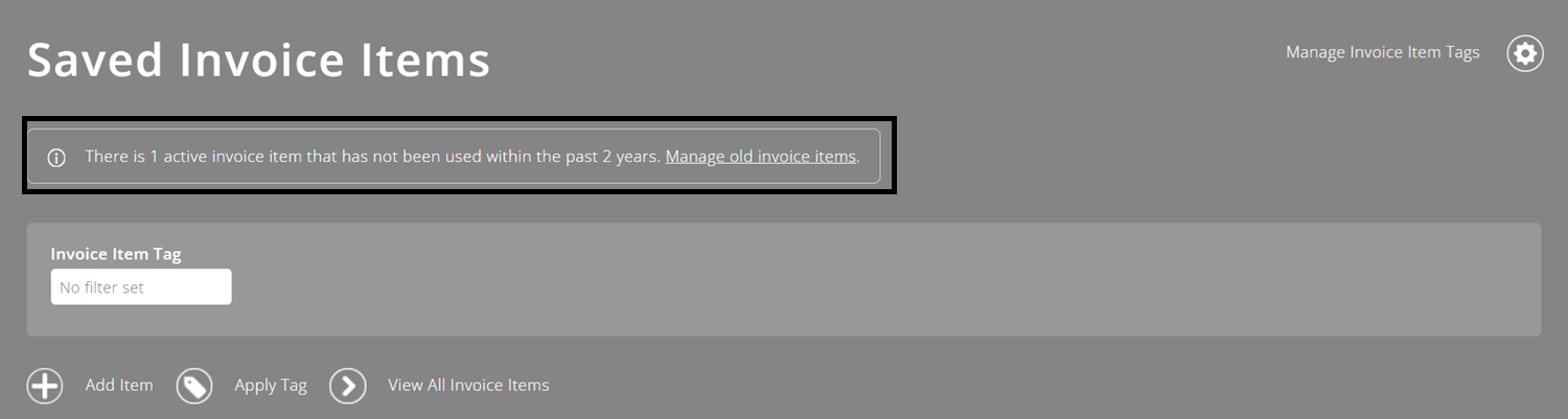 ExpensePlus screenshot of the 'Saved Invoice Items' screen, highlighting the 'Manage old invoice items' link