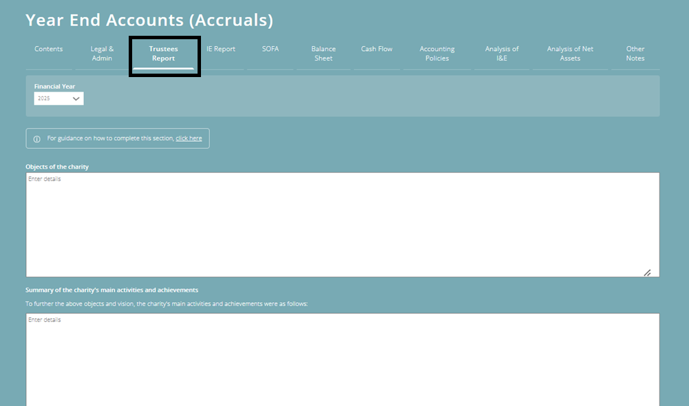 ExpensePlus screenshot of the 'Year End Accounts (Accruals)' screen, highlighting the Trustees Report tab