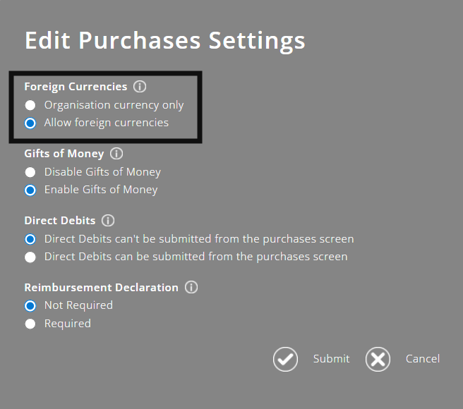 ExpensePlus Purchases settings screen highlighting the foreign currencies setting