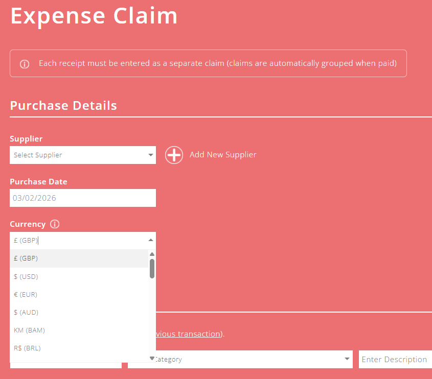 ExpensePlus expense claim screen showing the currency drop down menu