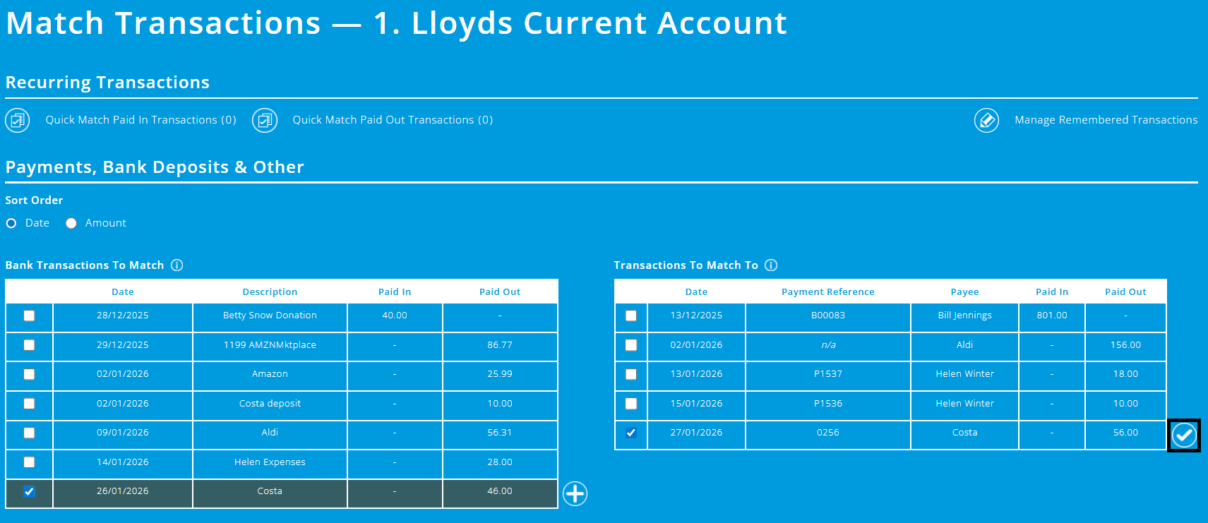 ExpensePlus bank matching screen highlighting the tick box that appears when transactions are selected that don't have the same total paid out amount