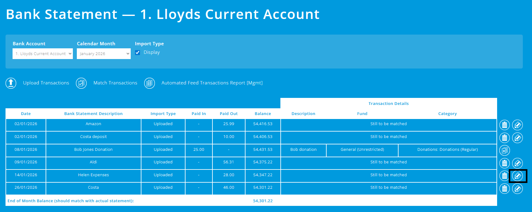 ExpensePlus bank statement screen highlighting the pencil edit icon next to a transaction