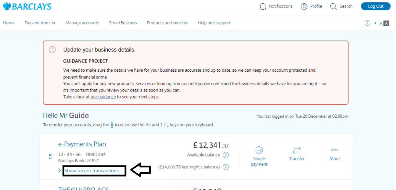 Barclays screenshot highlighting the Show recent transactions button