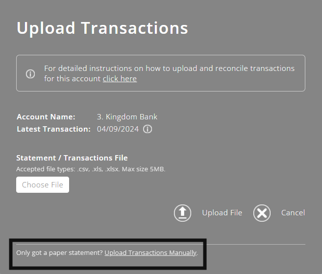 ExpensePlus Upload Transactions popup highlighting the Upload Transactions Manually button