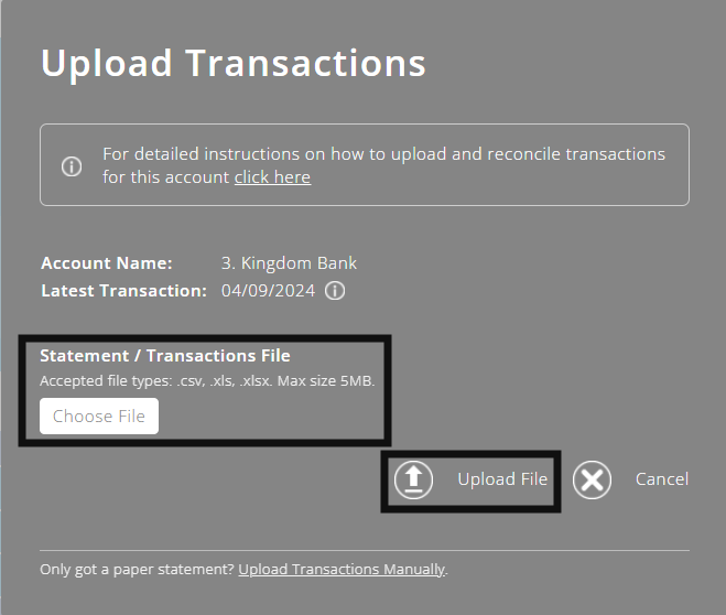 ExpensePlus Upload Transactions popup highlighting the Choose File button and the Upload File button