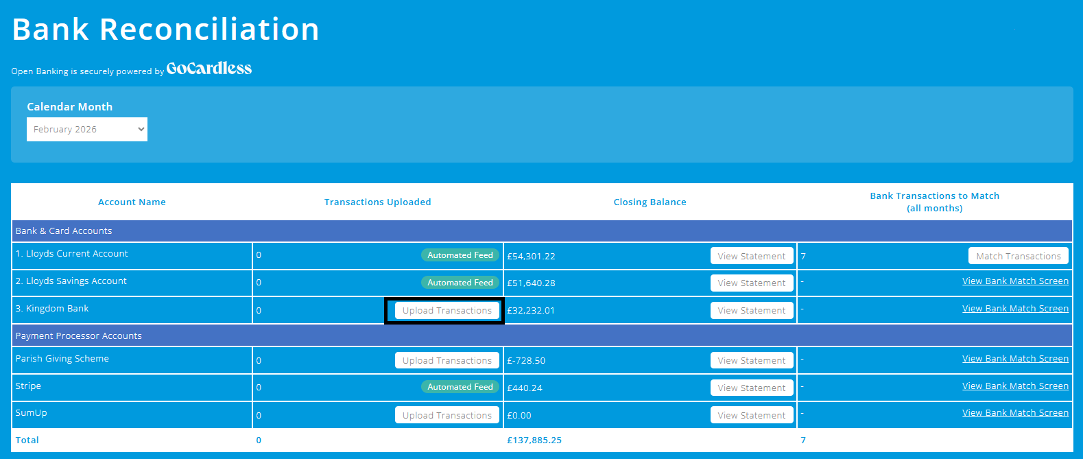 ExpensePlus Bank Reconciliation screen highlighting the Upload Transactions button