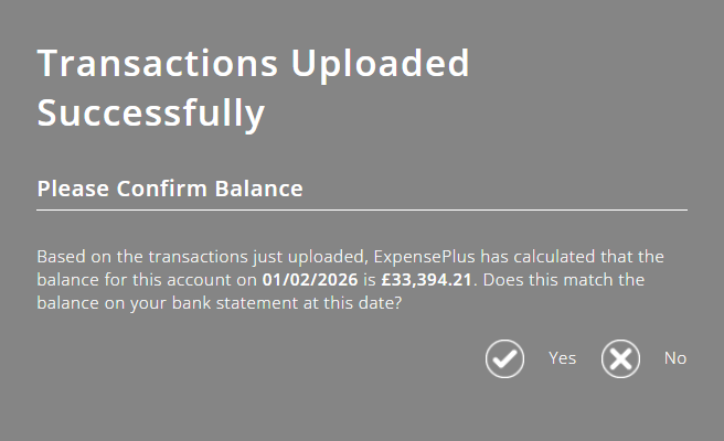 ExpensePlus Transactions Uploaded Successfully popup