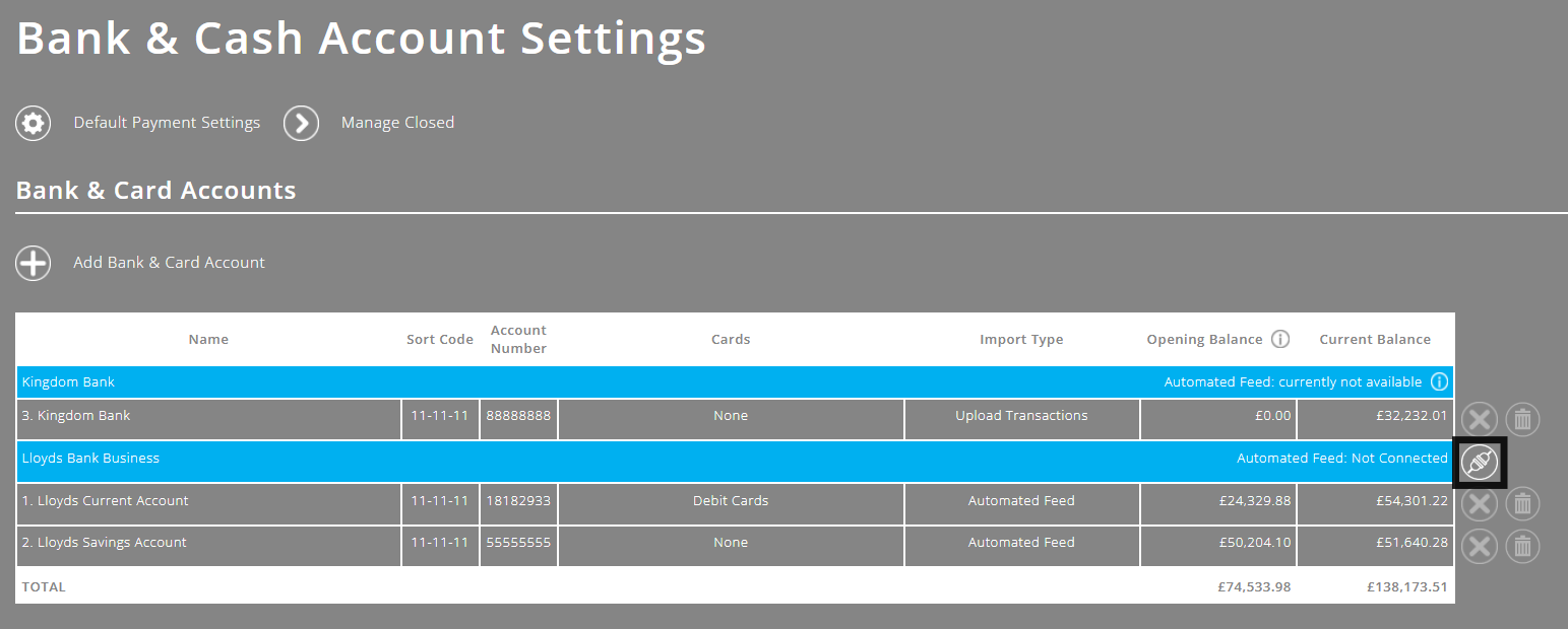 ExpensePlus Bank & Cash Account Settings screen highlighting the Connect button as described above