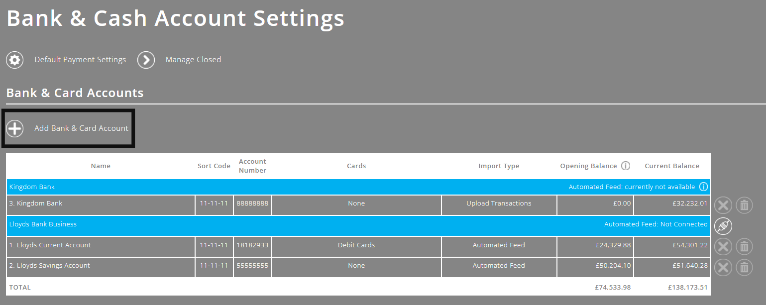 ExpensePlus Bank & Cash Account settings screen highlighting the Add Bank & Card Account button