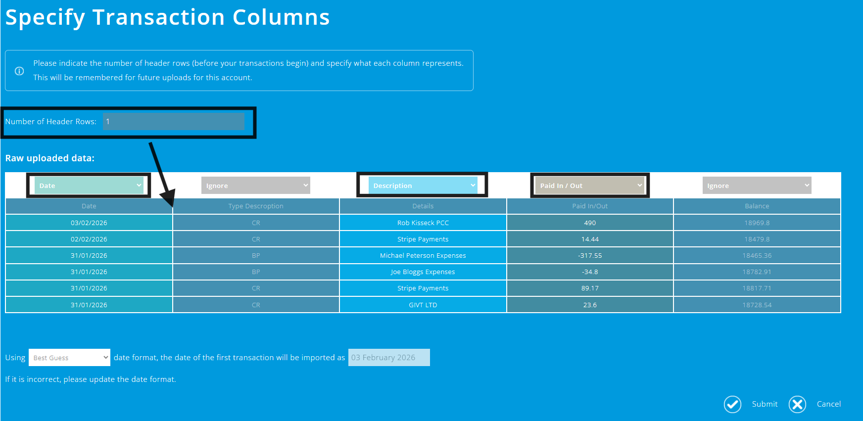 ExpensePlus Upload Transactions screen highlighting the number of header rows in this upload and the heading boxes for columns